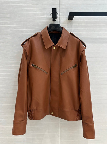 YSL Right-angle Shoulder Silhouette Jacket Brown Lambskin