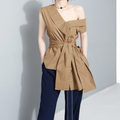 Off Shoulder Sleeveless Shirt Polyester Stand Collar