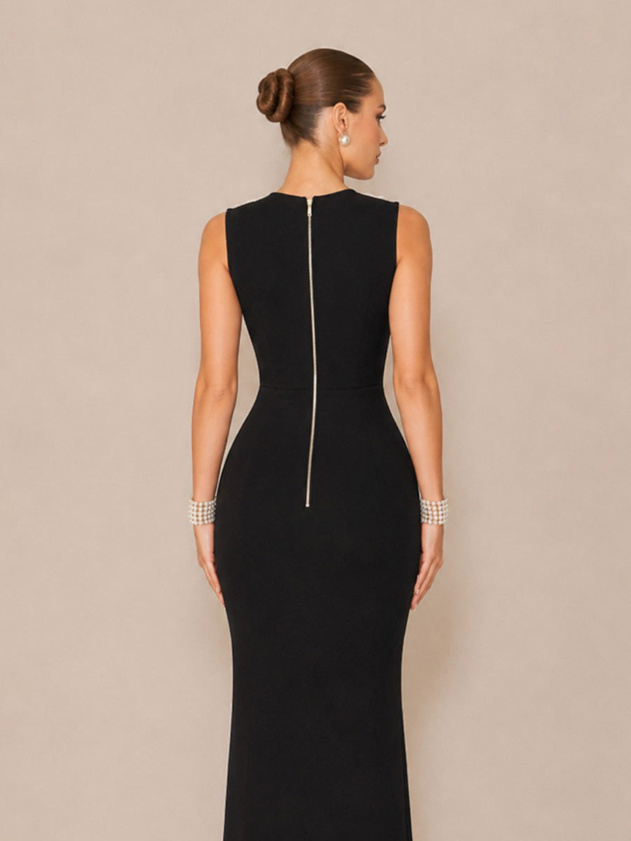 Ashlyn Elegant Deep-V Maxi Dress with Pearl Chain Detail
