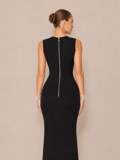 Ashlyn Elegant Deep-V Maxi Dress with Pearl Chain Detail