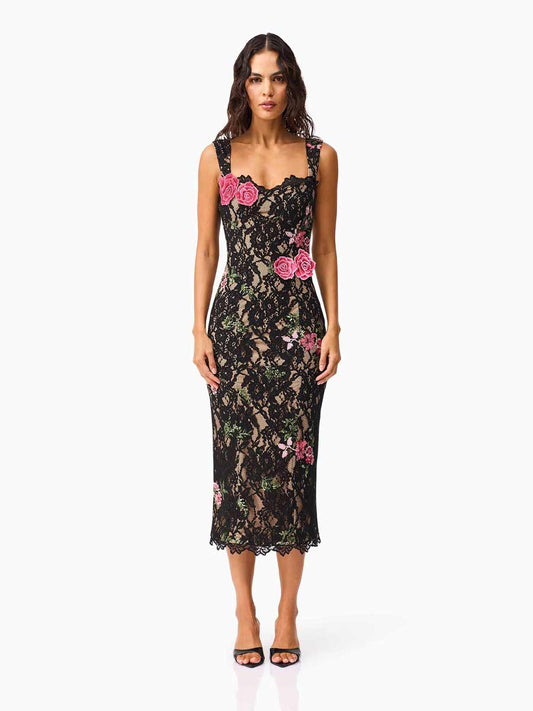 Clarissa Lace Midi Dress in Black