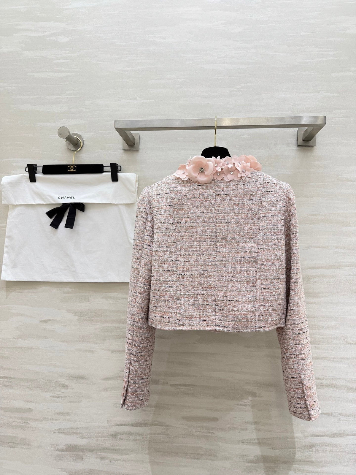 CC 26s Coat 3D Floral Embellished Light Pink Wool Blend Tweed