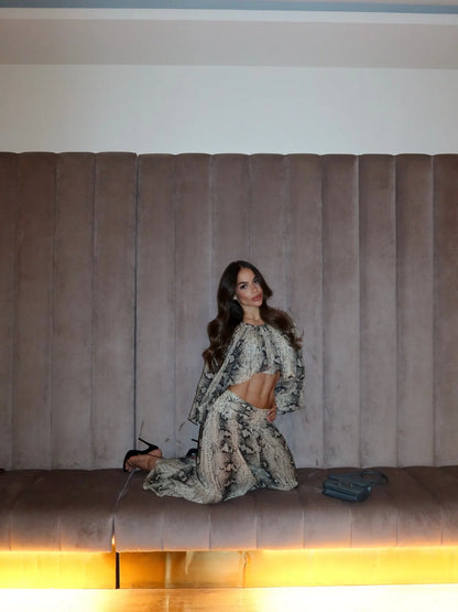 Annabel Snake-print Lantern-sleeve Top and Trousers Set