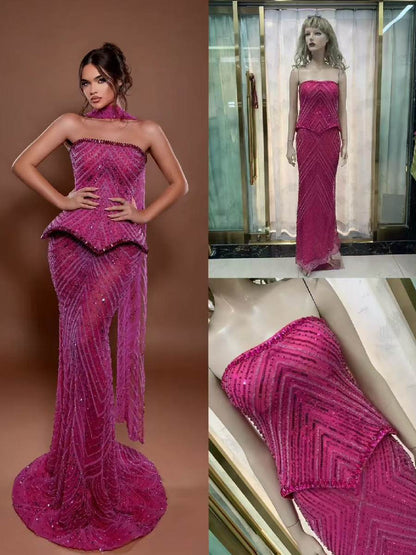 Adela Strapless Rhinestone Maxi Dress In Pink