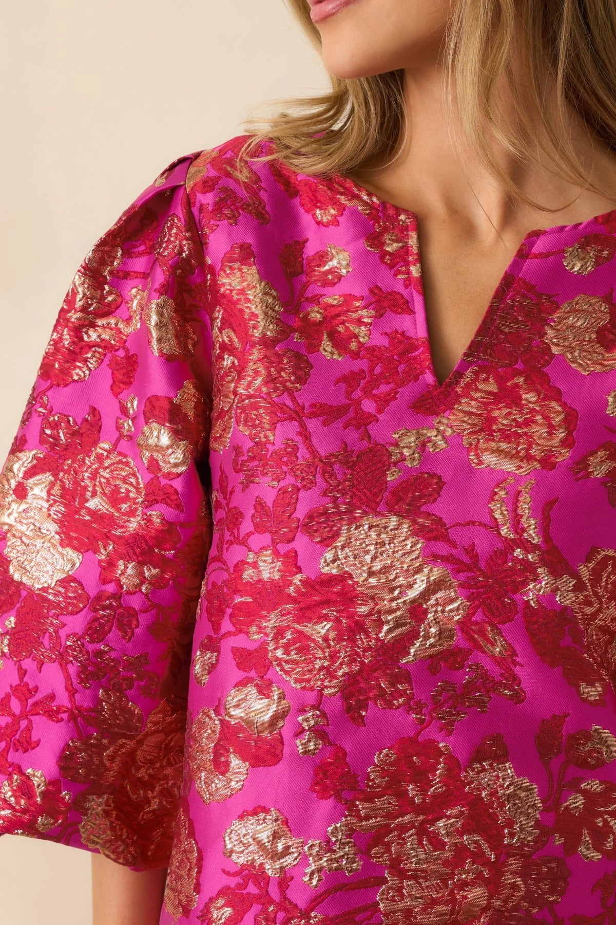 Gilded Garden Hot Pink Floral Jacquard Mini Dress