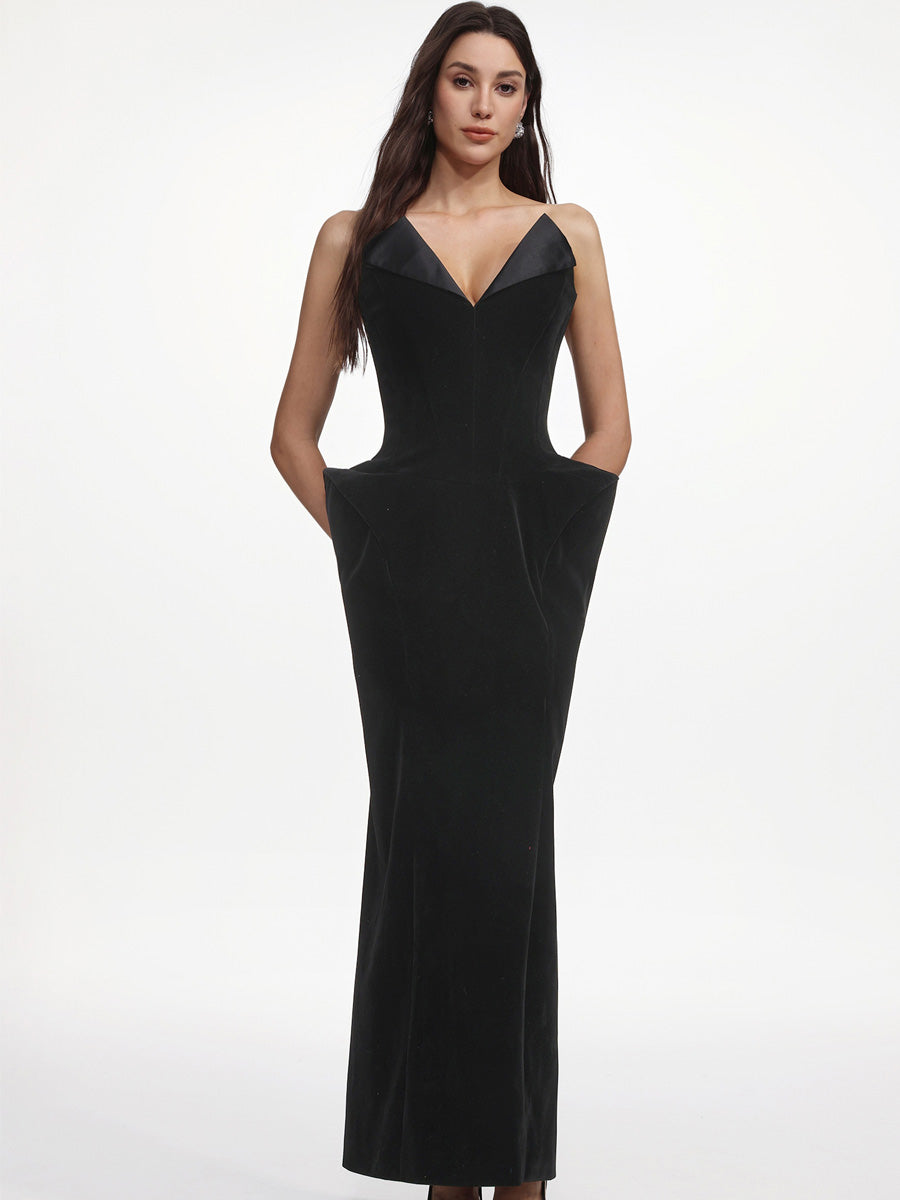 Imelda Chic Tailored Strapless Sculpted Velvet Maxi Dress
