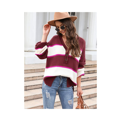 Casual Long Sleeves Loose Striped V-Neck Sweater Tops
