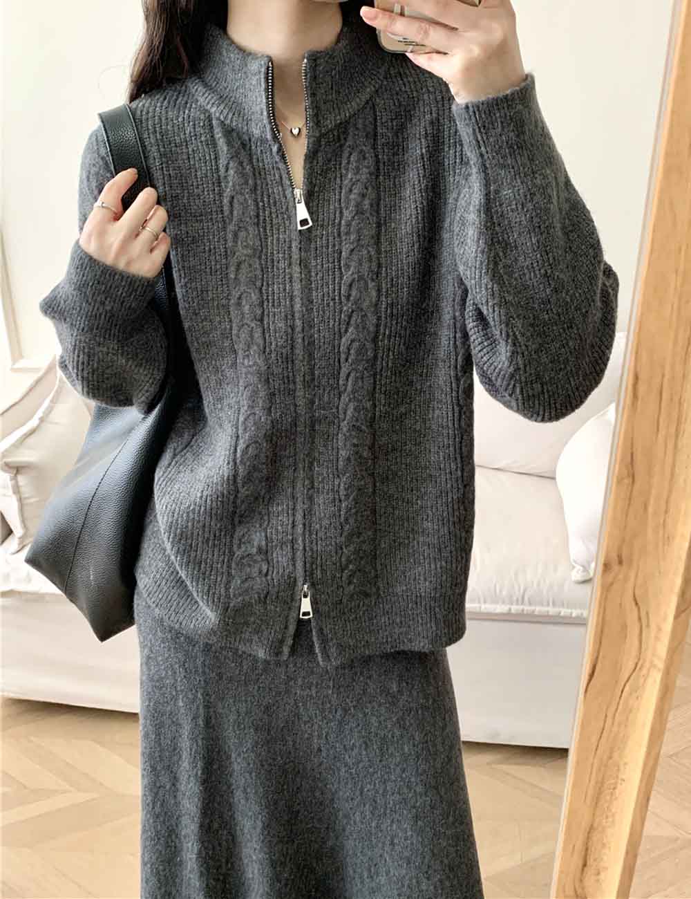 2 Pcs Fall Zip-Up Cardigan Maxi Skirt Set