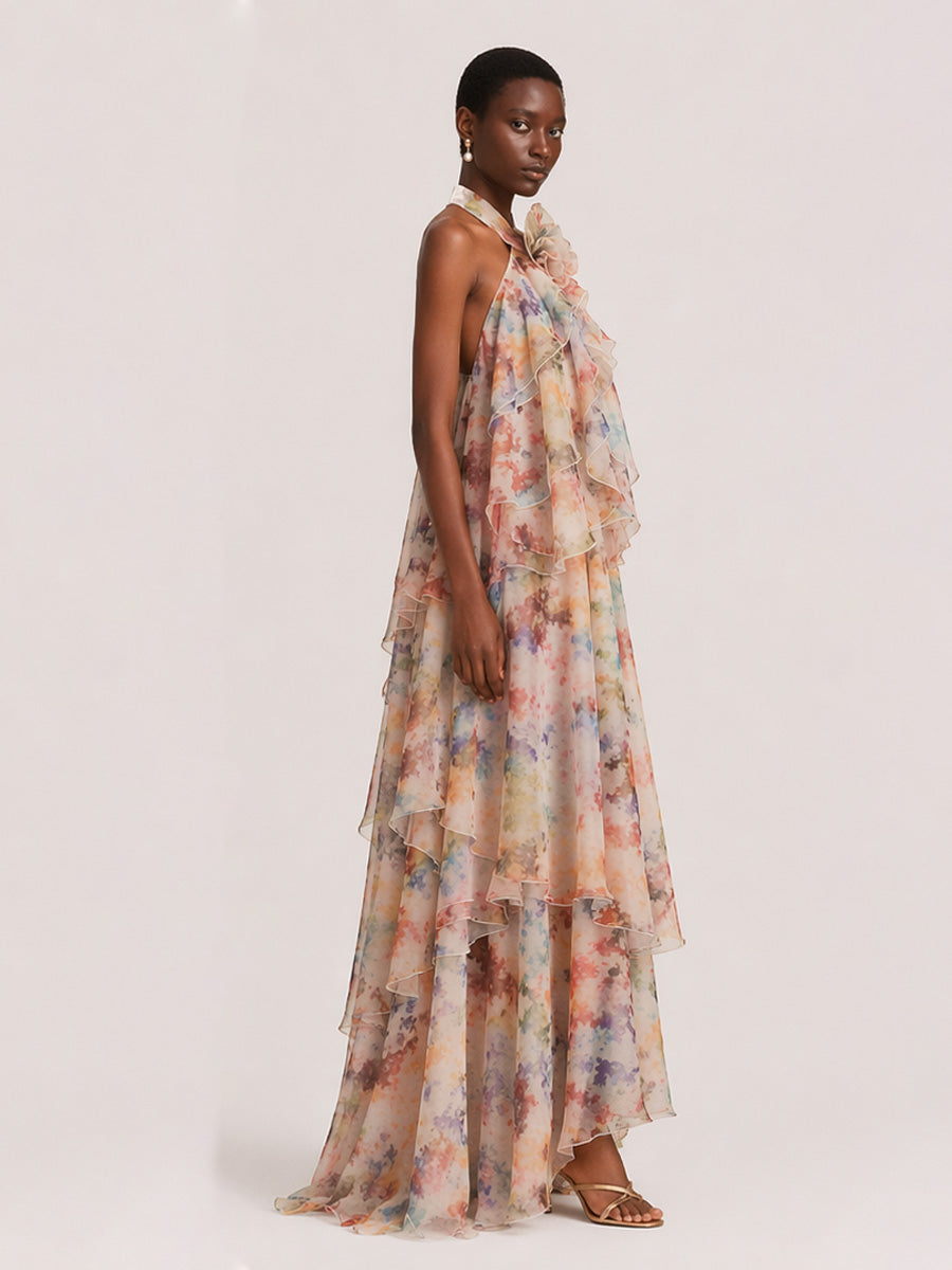 Ada Tiered Printed Mesh Maxi Dress
