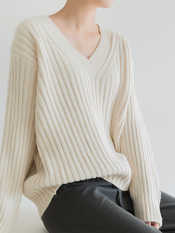 Casual Loose Solid Color V-Neck Sweater Tops