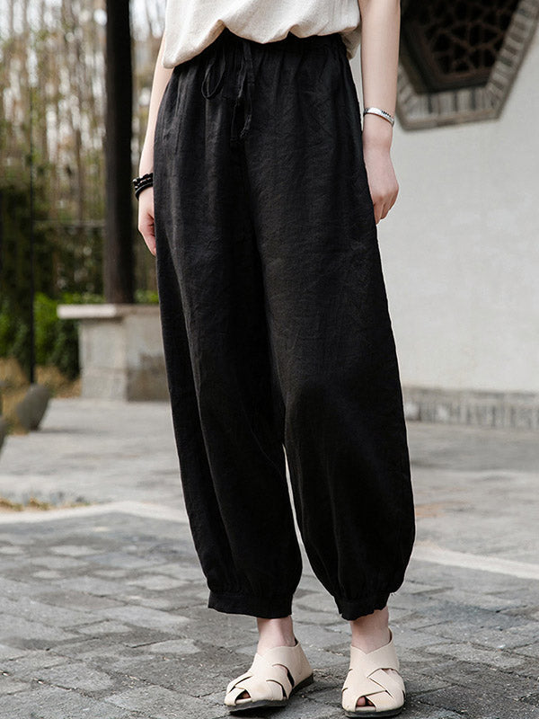 Simple Linen Solid Color Elasticity Waist Loose Knickerbockers&Capri-Pants