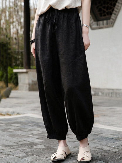 Simple Linen Solid Color Elasticity Waist Loose Knickerbockers&Capri-Pants