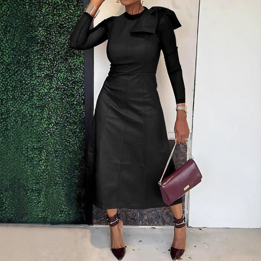 Long Sleeve Solid Split Round Neck Shirt Dress Set