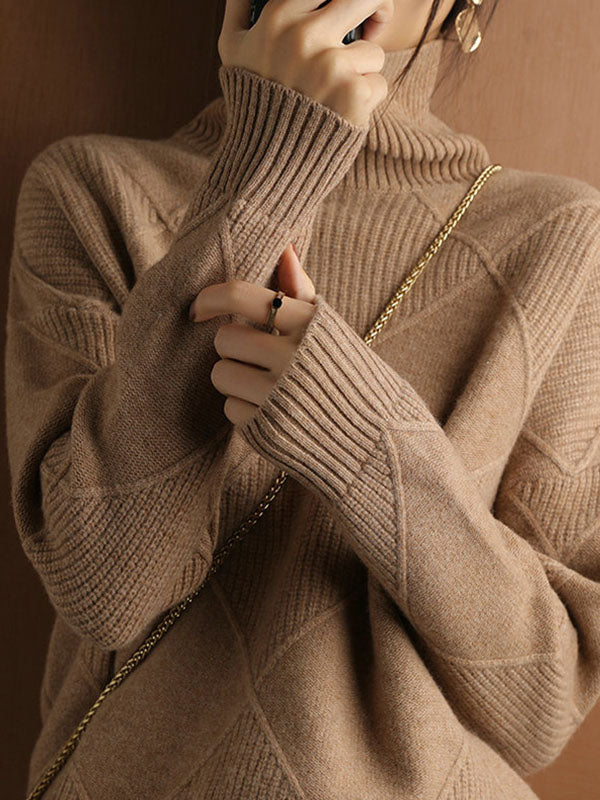 Loose Jacquard Solid Color High-Neck Sweater Tops