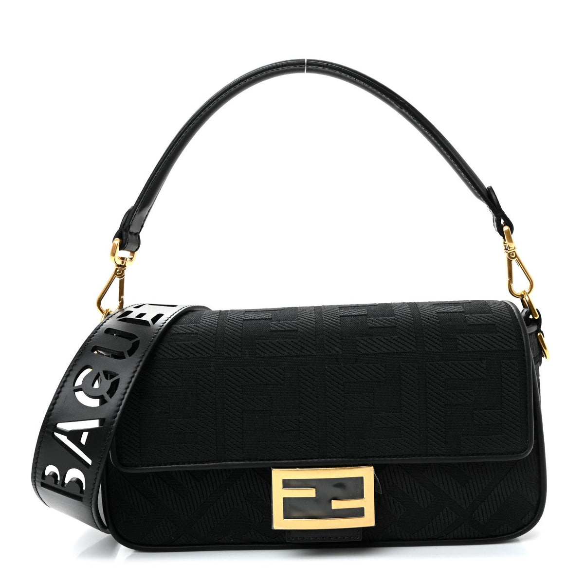 Canvas Vitello King Extra Strap FF Embroidered Baguette Black