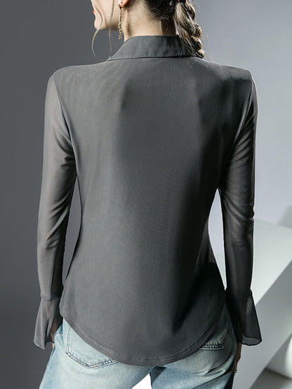 Long Sleeves Ruffle Sleeves Knot Solid Color Lapel Blouses&Shirts Tops