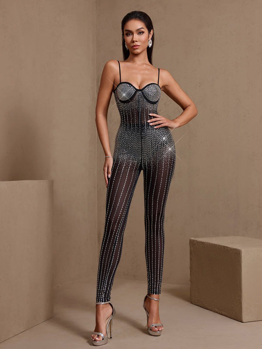 Liliana Sexy Corset Rhinestone Gauze Jumpsuit