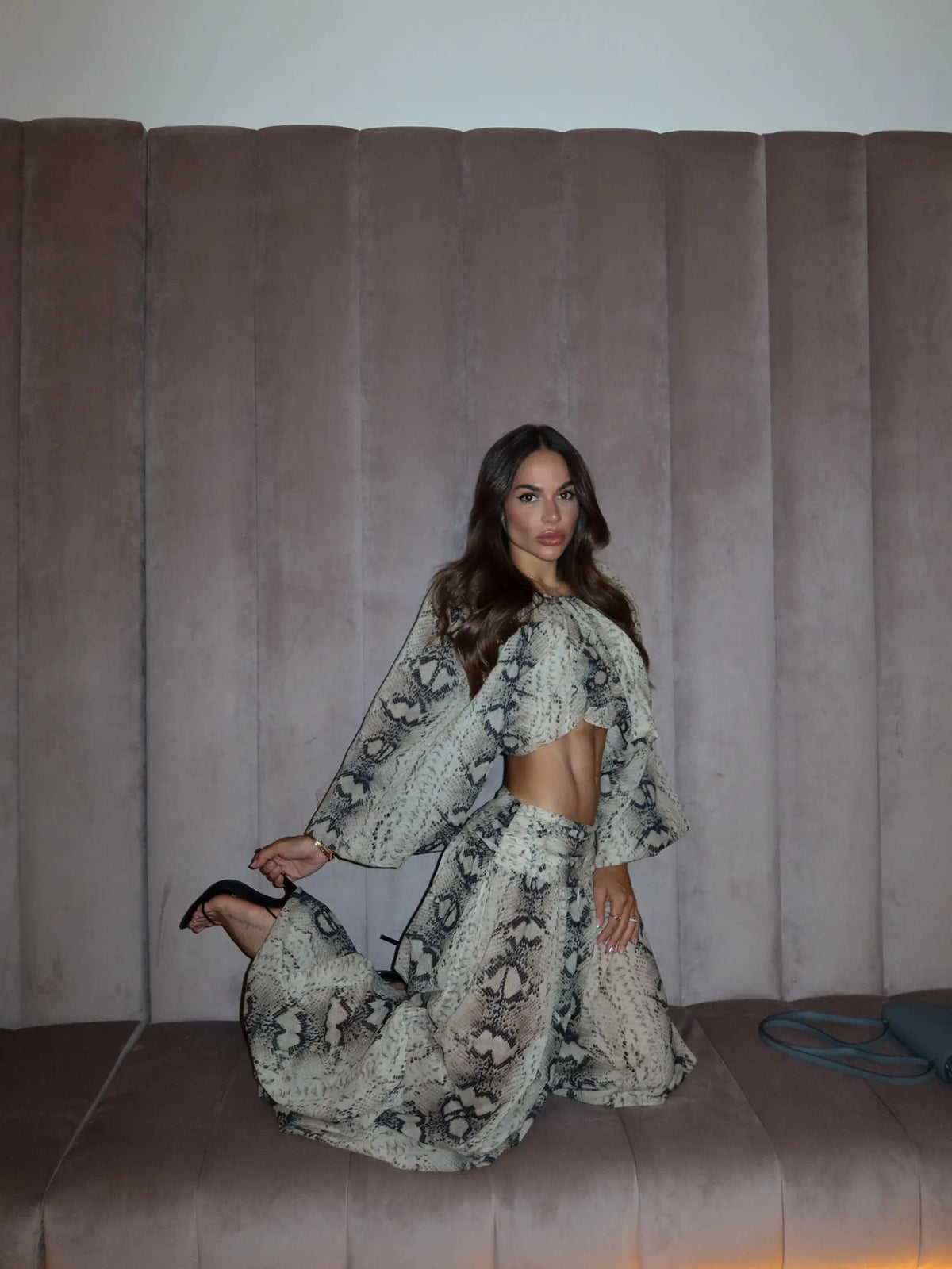 Annabel Snake-print Lantern-sleeve Top and Trousers Set