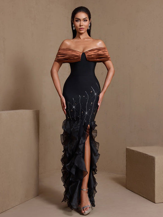 Inara Rhinestone Rippled Edge Slit Bandage Maxi Dress