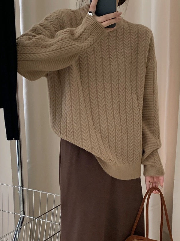 Long Sleeves Loose Solid Color Velvet Round-Neck Knitwear Pullovers Sweater Tops