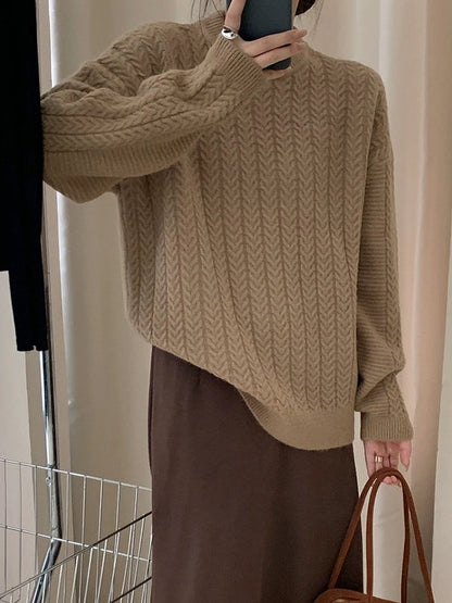 Long Sleeves Loose Solid Color Velvet Round-Neck Knitwear Pullovers Sweater Tops
