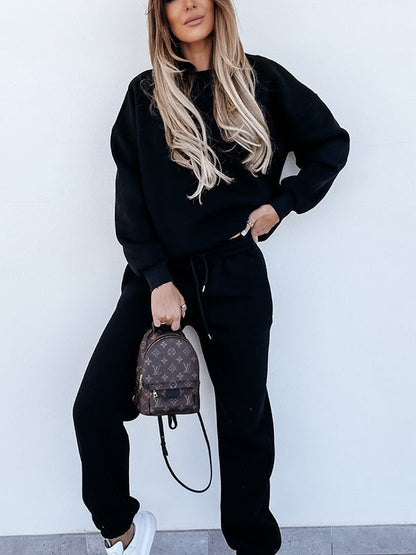 Solid Crew Neck Drawstring Sweatshirt & Pants Sport Suits