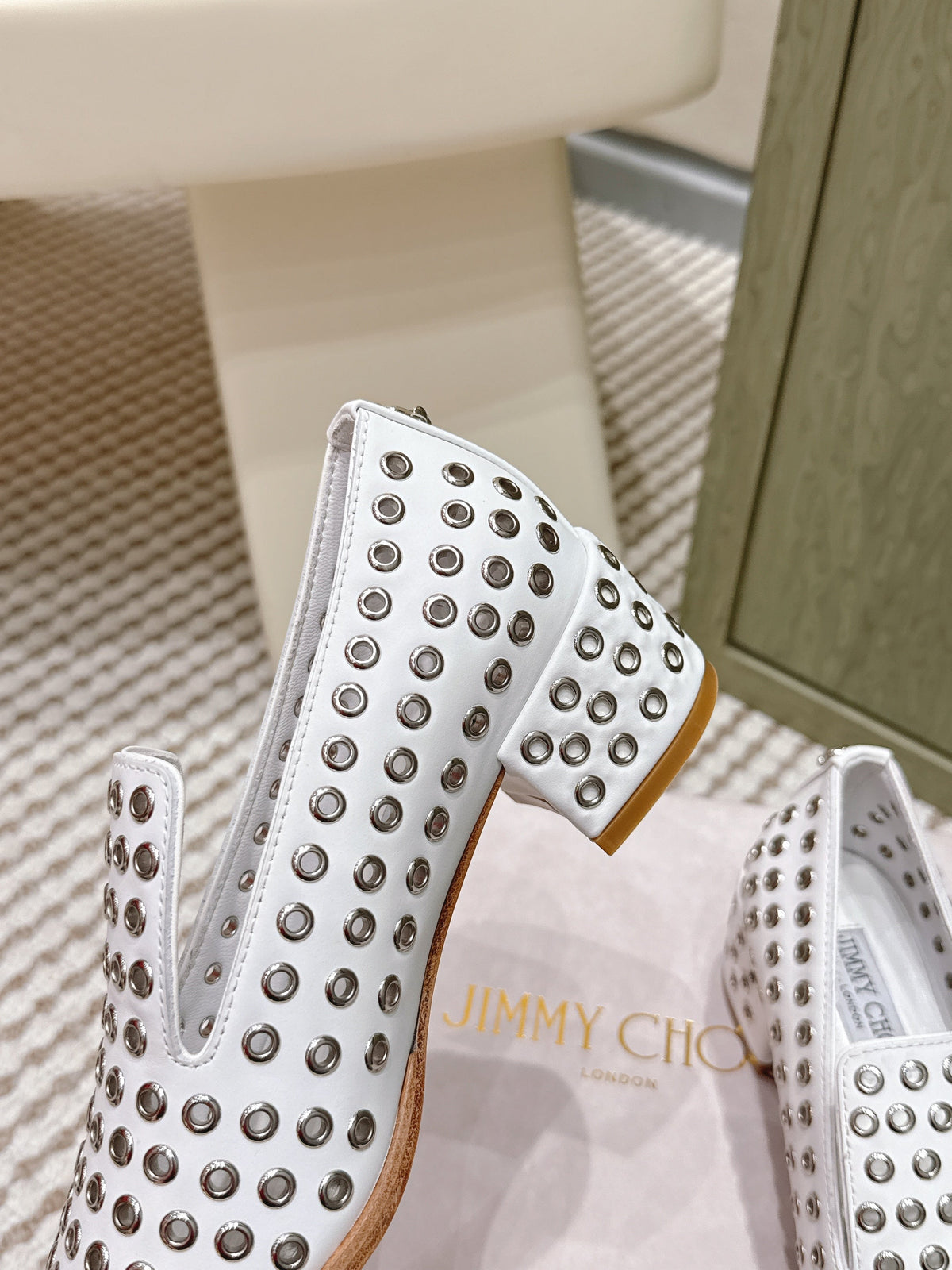 Jimmy Choo Eliot Slippers 45mm Metallic Eyelets White Calfskin 568495