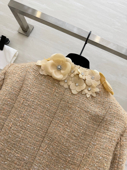 CC 26s Coat 3D Floral Embellished Beige Wool Blend Tweed