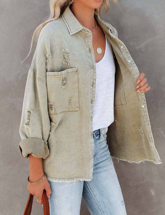 Vintage Lapel Collar Ripped Frayed Denim Jacket