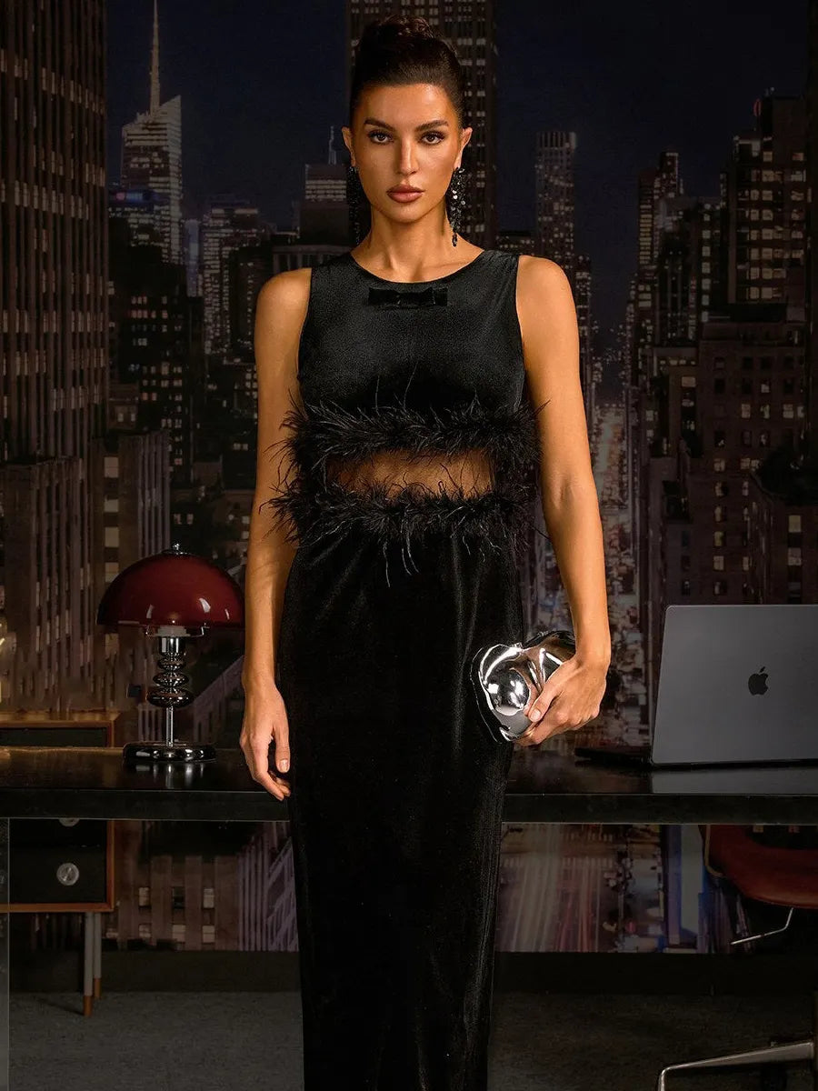 Ashlyn Sleeveless Feather Velvet Midi Dress
