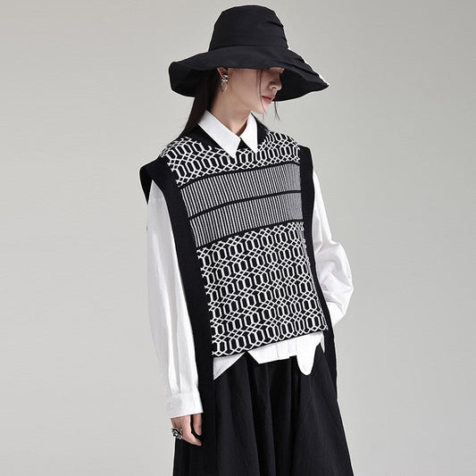Black White Striped Knit Vest