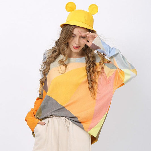Fashion Stitching Printed Sweater Women'S European And American Large Pullover Long Sleeve Crew Neck Loose Knit