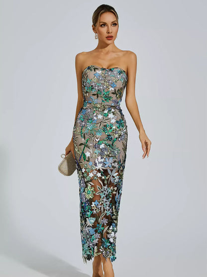 Mila Blue Flower Embroidered Midi Dress