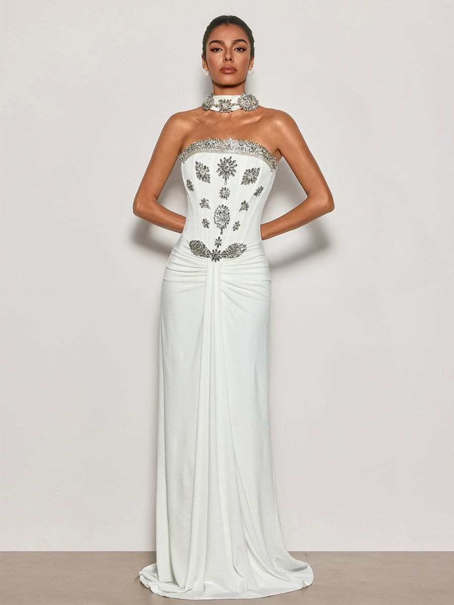 Hannah Strapless Crystal Scarf Maxi Dress