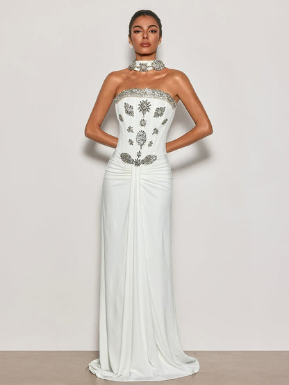 Hannah Strapless Crystal Scarf Maxi Dress