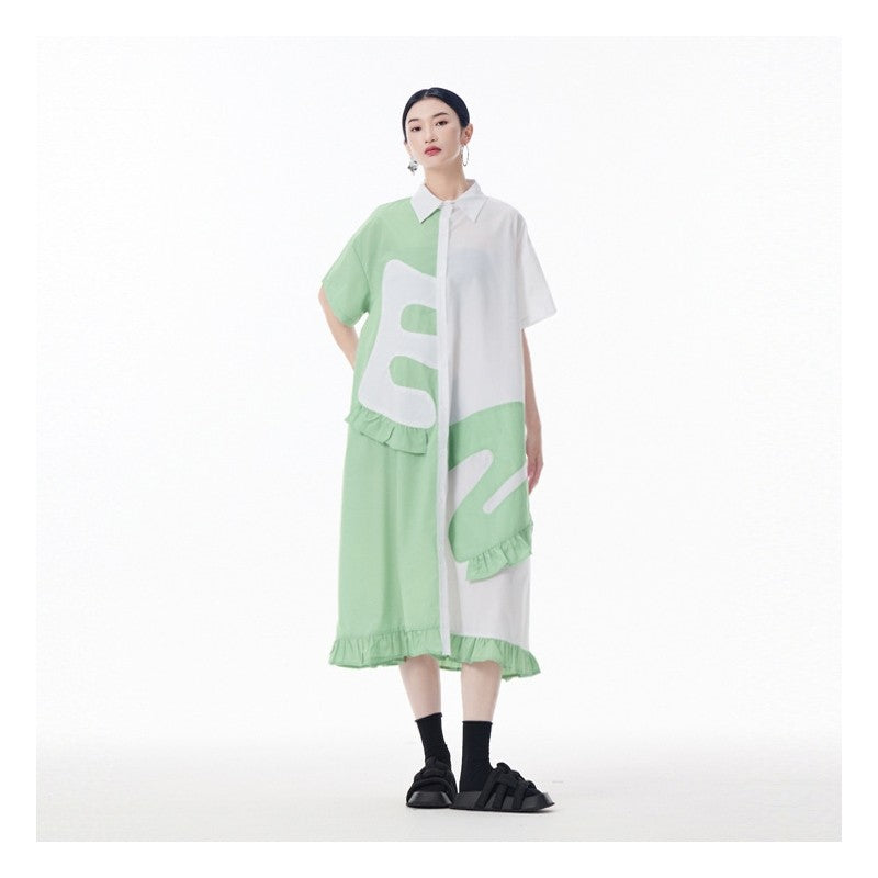 Color Block Polo Collar Flounce Sleeveless A-Line Dress