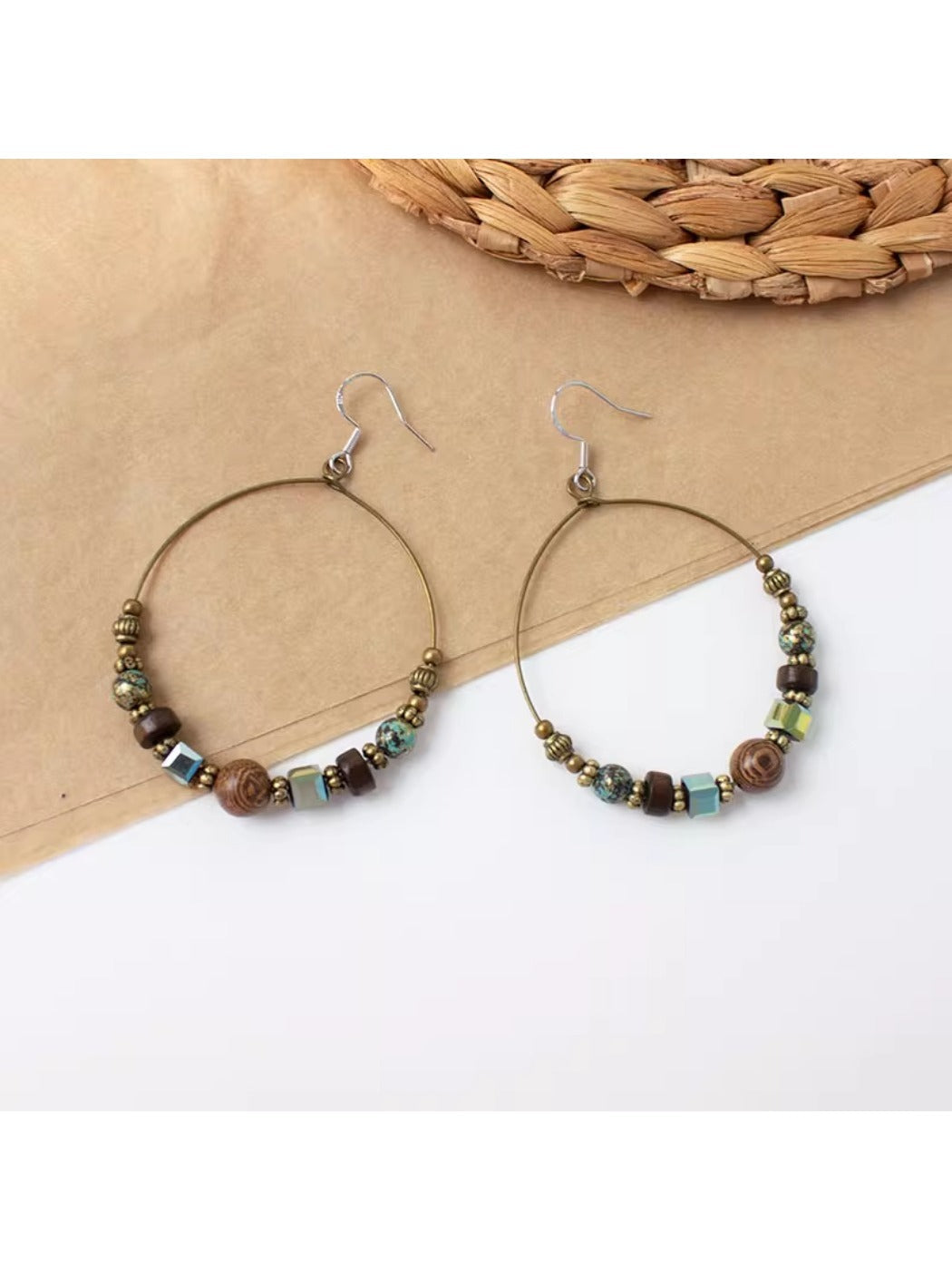 Earwish - Boho Vintage Beaded Hoop Earrings - Brown &amp; Chic