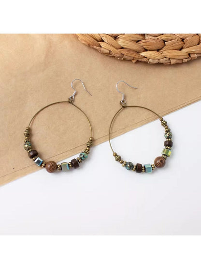 Earwish - Boho Vintage Beaded Hoop Earrings - Brown &amp; Chic