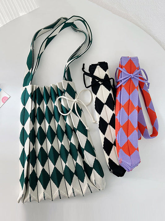 Contrast Color Drawstring Pleated Rhombus Woven Handbags
