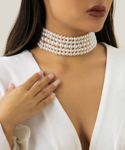 Elegant White Metal Multi Layer Pearl Necklace