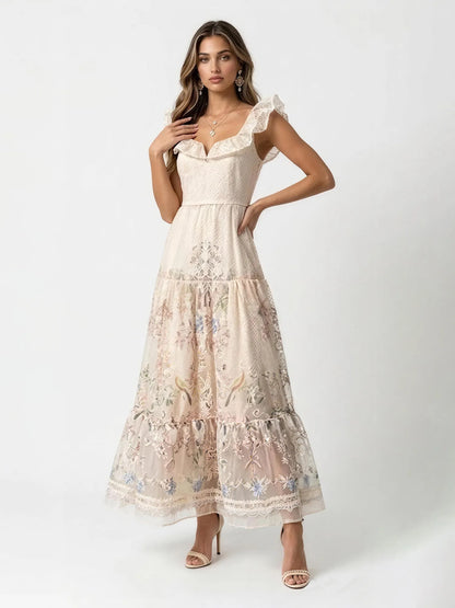 Aurora Vintage Floral Lace Ruffle Maxi Dress