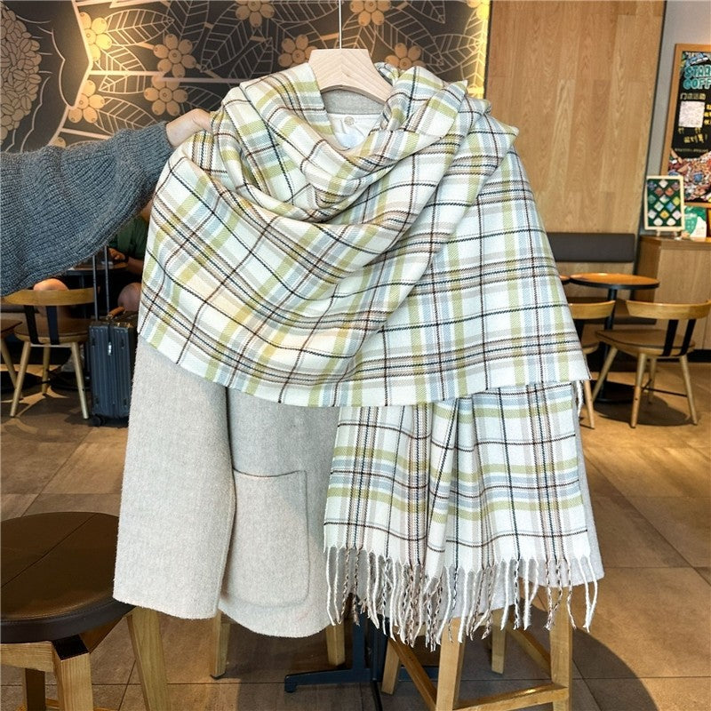 Color Block Plaid Fringe Scarf