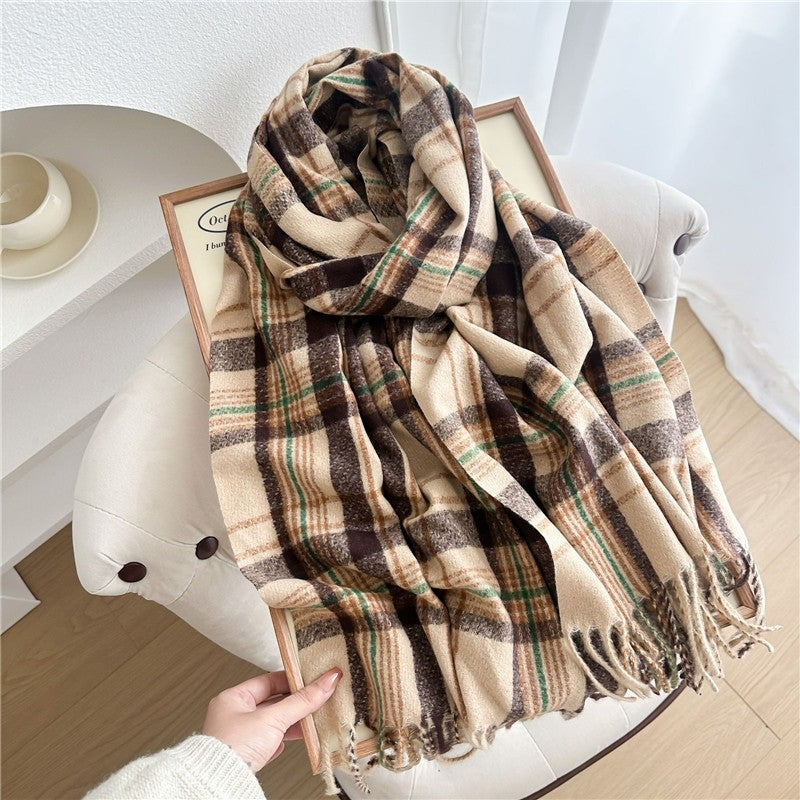 Color Block Plaid Fringe Scarf