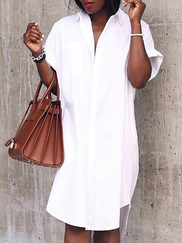 Simple White High-Low Short Sleeves Midi Dress