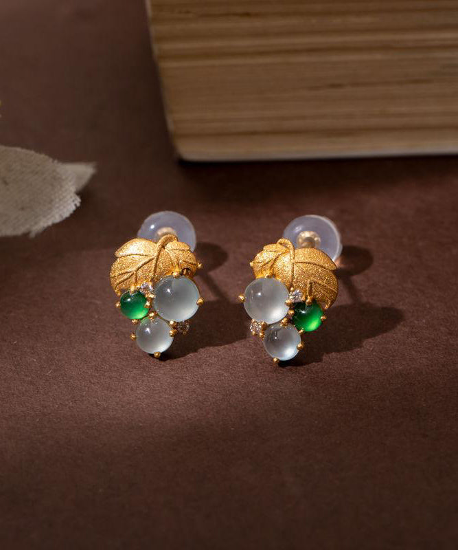 Modern Gold Sterling Silver Overgild Jade Grape Stud Earrings