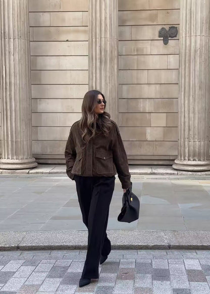 Suede Effect Oversized Jacket With Front Pockets