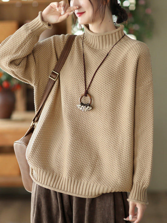 Vintage Long Sleeves Loose Solid Color High-Neck Sweater Tops