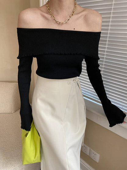 Long Sleeves Skinny Falbala Solid Color Off-The-Shoulder Sweater Tops