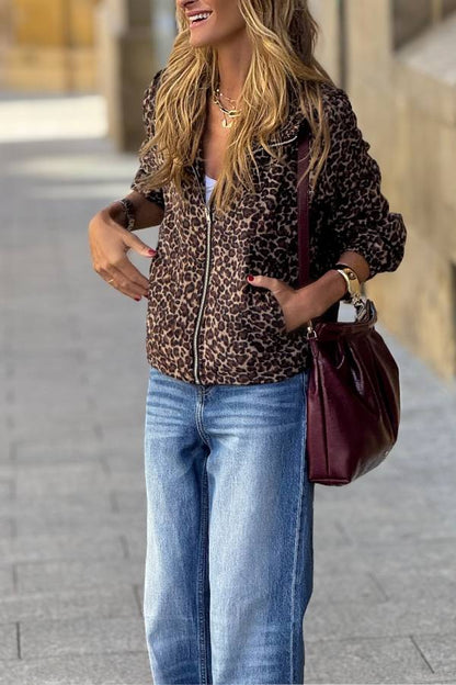 Vintage Leopard Print Hooded Zip-Up Jacket