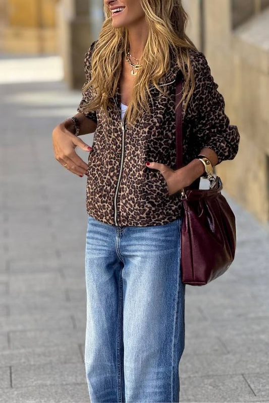 Vintage Leopard Print Hooded Zip-Up Jacket